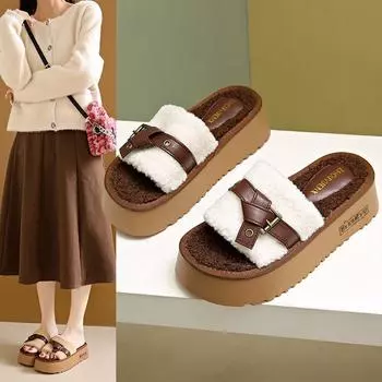Модные весенне-осенние шерстяные тапочки с толстой подошвой, женская верхняя одежда, мягкие, нескользящие, зимние хлопковые тапочки с надписью «One Word» 35 коричневый
