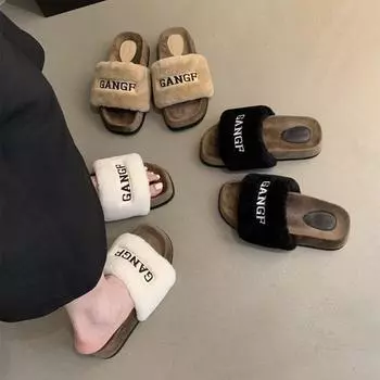 Модные весенне-осенние тапочки с толстой подошвой и мехом, женская обувь для улицы, зимние плюшевые тапочки из хлопка One Word Drag Out 35 белый