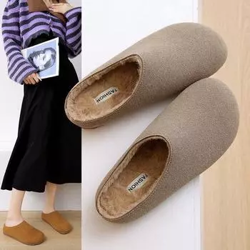 Модные весенне-осенние тапочки в стиле ретро с толстой подошвой Birkeinstock, женские тапочки с ленивым корейским круглым носком, зимние теплые мягкие полутапочки 35 коричневый