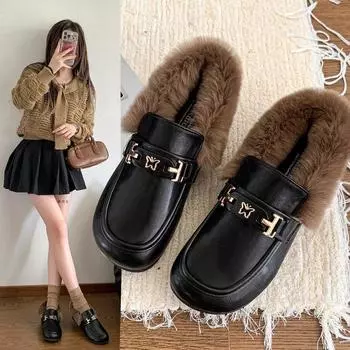 Модные весенне-осенние теплые универсальные туфли на плоской подошве с мехом, женская зимняя верхняя одежда, ретро-обувь из сои, мягкая плюшевая обувь из хлопка Bocken 35 коричневый