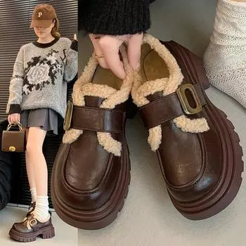 Модные весенне-осенние толстые черные хлопковые туфли с подкладкой в британском стиле, маленькие кожаные туфли для женщин, зимние туфли из хлопка 35 коричневый