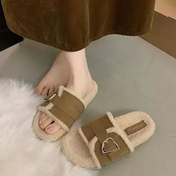 Модные весенне-осенние толстые мохнатые тапочки для женщин, зимняя верхняя одежда, дизайн для автостопа, пряжка на ремне, открытый носок, хлопковые тапочки 35 хаки