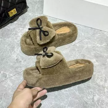 Модные весенне-осенние толстые тапочки с бантом и мохнатыми тапочками для женщин, зимняя новая мягкая теплая хлопковая обувь 35 хаки