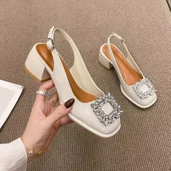 Модные весенне-осенние туфли на низком каблуке с квадратным носком, туфли-лодочки из кожи с кристаллами, повседневные туфли на толстом каблуке, романтические туфли Мэри Джейн на каблуках для женщин 34
