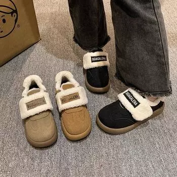 Модные весенне-осенние туфли на толстой подошве на одну ногу с застежкой-липучкой, белые меховые туфли для женщин, зимняя верхняя одежда, стеганые туфли из хлопка 35 хаки