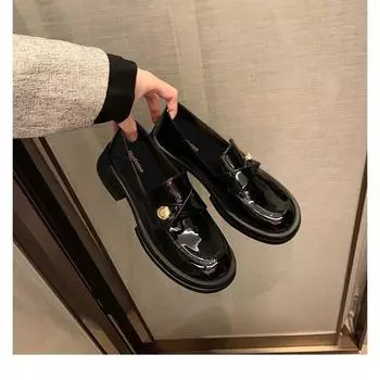 Модные весенне-осенние туфли на толстой подошве с принтом на каблуке, женские, мягкие, британского стиля, зимние, на одну ногу, со стременами, маленькие кожаные туфли, ленивые, одинарные туфли 35