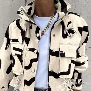 Модные весенне-осенние женские геометрические куртки с принтом, длинные рукава, куртка на пуговицах, пальто, женская верхняя одежда для отдыха XXL чёрный