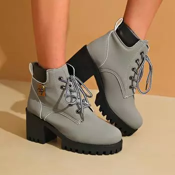 Модные весенне-зимние женские ботинки высокого качества на шнуровке на высоком каблуке женская европейская женская обувь модные уличные удобные ботинки для женщин 35 серый