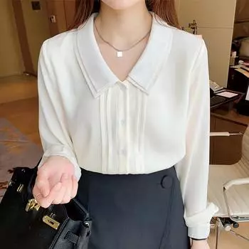 Модные весенние блузки, рубашки с длинным рукавом и отложным воротником, офисная женская шифоновая блузка, рубашка, женские топы 2025 J762 S абрикосовый