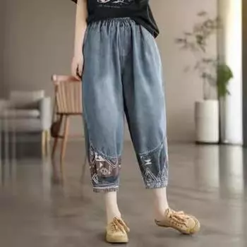 Модные весенние джинсы женские с принтом женские винтажные шаровары One Size синий