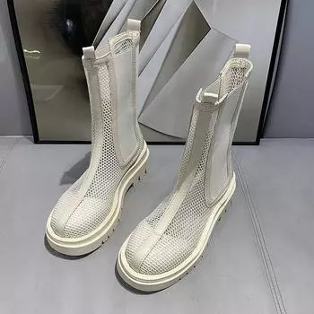 Модные весенние и осенние новые классные ботинки на толстом каблуке, женские модные круглые сетчатые дышащие удобные ботинки до середины голени 35