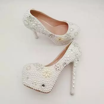 Модные весенние и осенние новые роскошные женские туфли на каблуках 14 см с круглой головкой, ретро, с белым жемчугом, для свадебного банкета, принцессы, изящные каблуки 34 белый