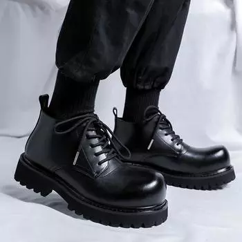 Модные весенние и осенние сапоги в британском стиле средней высоты, высококачественные новые стильные сапоги на толстой подошве со шнуровкой, фирменные черные сапоги с высоким берцем 38 чёрный