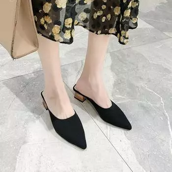 модные весенние/летние тапочки плетеные сетчатые мюли с острым носком сланцы силиконовые мюли эластичная ткань каблук 4 см женские наружные пантуфли 35 абрикосовый