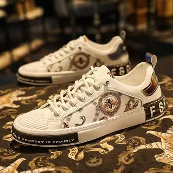 Модные весенние новые мужские туфли трендовые кожаные повседневные туфли с цветочным принтом белые балетки скейтборд обувь уличные крутые кроссовки без застежек 38 белый