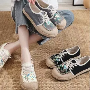 Модные весенние новые женские рыбацкие туфли, новинка 2024 года, туфли с вышивкой в этническом стиле, повседневная обувь на один шаг, Zapatos De Mujer 35 бежевый