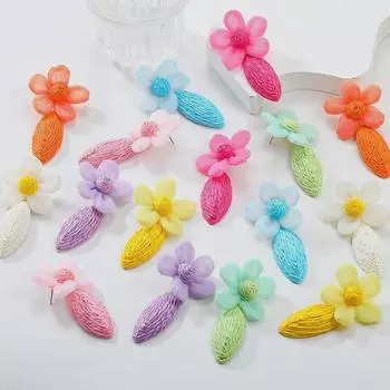 «Модные весенние серьги с цветком рафии для женщин — смелый дизайн из плетеной ткани в европейском и американском стиле» розовый