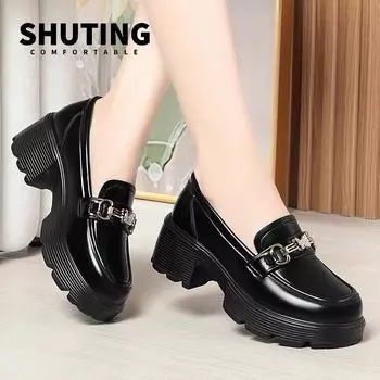 Модные весенние туфли-лоферы из мягкой кожи на платформе для женщин. Модные элегантные черные туфли Мэри Джейн с круглым носком. Повседневные нескользящие удобные туфли-лоферы. 35(Foot22.5cm)