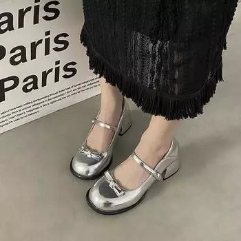 Модные весенние туфли Мэри Джейн 2024 года, женские элегантные туфли на низком каблуке, модные повседневные туфли с пряжкой, одинарные туфли для женщин в стиле колледжа 34 серебряный