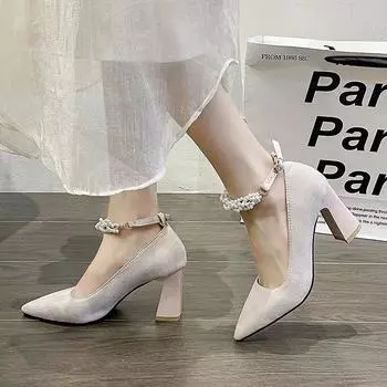 Модные весенние туфли с острым носком на низком толстом каблуке, с ремешком на щиколотке, черные женские туфли на высоком каблуке, средний каблук, абрикосовый цвет 35 чёрный