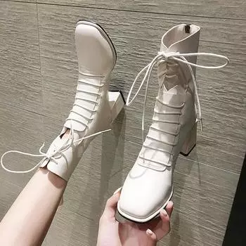 Модные весенние женские белые сапоги, осенние модные черные кожаные сапоги на платформе, готические сапоги в стиле панк до середины голени для женщин56gh 35 чёрный