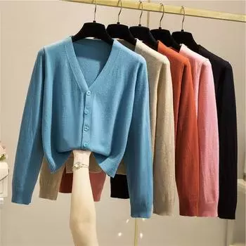 Модные весенние женские кардиганы свитера осень длинный рукав трикотажные короткие пальто повседневные однобортные корейские однотонные женские укороченные топы One Size