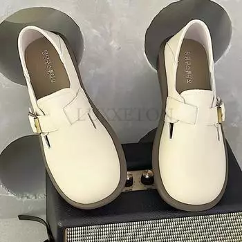 Модные весенние женские кожаные туфли в английском стиле, модные туфли с круглым носком и каблуком по центру, металлический дизайн, большой размер 35