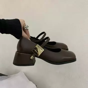 Модные весенние женские туфли Мэри Джейн, модные женские элегантные туфли с неглубокой пряжкой на квадратном каблуке, туфли-лодочки в уличном стиле Size 35(foot 22.5cm) коричневый