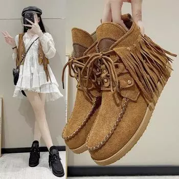 Модные винтажные ботильоны на шнуровке с кисточками для женщин, осень-зима, остроносые ковбойские сапоги, женские замшевые ковбойские сапоги «челси» в стиле вестерн 37 чёрный