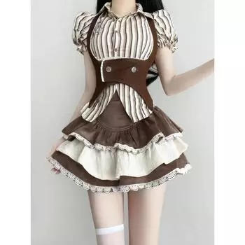 Модные винтажные комплекты из 3 предметов Y2k, лето 2023, рубашка в полоску, тонкий жилет, кружевная мини-юбка с высокой талией, японский костюм в стиле Лолиты, женский шик L коричневый
