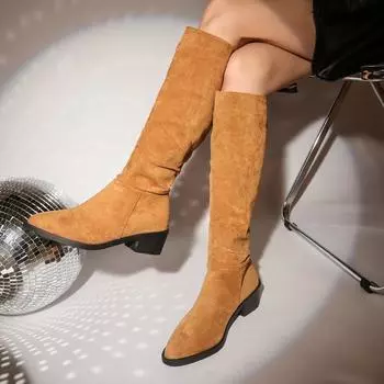 Модные винтажные ковбойские сапоги с острым каблуком в стиле вестерн, новые замшевые узкие сапоги на низком каблуке для осени/зимы 2024 года, туфли на платформе 35 коричневый