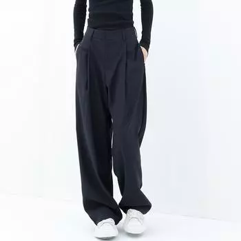 Модные винтажные однотонные широкие брюки, летние плиссированные свободные прямые брюки с высокой талией Y2k, повседневные уличные брюки S чёрный