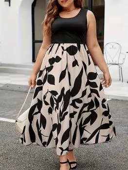 Модные винтажные платья на бретельках больших размеров, женские эстетические элегантные пляжные платья с круглым вырезом и принтом, женский дизайн, сексуальная свободная одежда для леди L чёрный