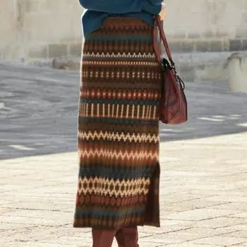 Модные винтажные принты, разрезные простые юбки для женщин, высокая талия, элегантные свободные повседневные женские юбки, осенне-зимняя облегающая женская юбка А-силуэта 25911 S коричневый