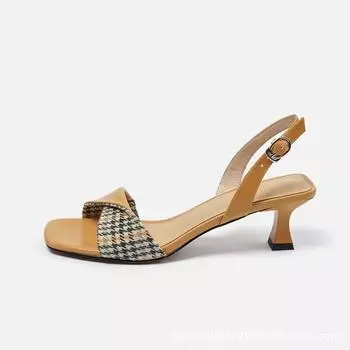 Модные винтажные сандалии во французском стиле с ремешком сзади, сетчатым узором, на тонком квадратном каблуке для женщин, элегантная обувь для ходьбы 34 коричневый