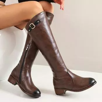 Модные винтажные сапоги до колена, женская обувь, повседневные коричневые черные сапоги для верховой езды, на плоской подошве, 2024, осенне-зимние сапоги для зимы, женская обувь, большой размер 48 34 чёрный