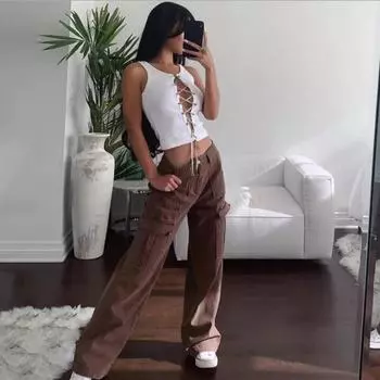 Модные винтажные свободные джинсовые брюки женские повседневные широкие джинсы с высокой талией для женщин элегантные однотонные прямые брюки с карманами 30669 S хаки