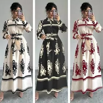 Модные винтажные свободные повседневные платья с длинным рукавом, женские платья-рубашки с пуговицами и лацканами, А-силуэта, с принтом, женское длинное платье со шнуровкой и высокой талией, весна, новинка 25892 S бежевый