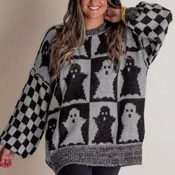 Модные винтажные свободные пуловеры на Хэллоуин, женские свитера, осень-зима, с длинным рукавом и круглым вырезом, свитер больших размеров, женские элегантные повседневные джемперы с принтом 25367 S темно-серого