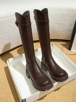 Модные винтажные теплые плюшевые женские сапоги до колена, модные туфли с пряжкой на ремне, осенне-зимние женские сапоги на низком каблуке в рыцарском стиле 34 чёрный