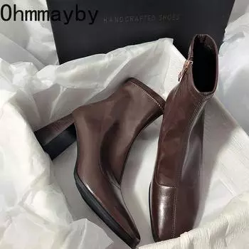 модные винтажные толстые каблуки женские тонкие ботильоны модные туфли с квадратным носком осень-зима женские элегантные короткие ботильоны 35 коричневый