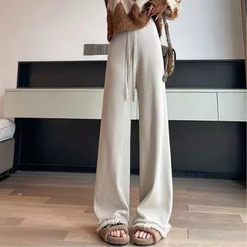 Модные винтажные трикотажные брюки с кисточками, широкие брюки для женщин, осень и зима, высокая талия, однотонные, узкие, повседневные брюки, женские, элегантные, простые, большого размера, брюки 25701 S белый