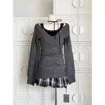 Модные винтажные трикотажные топы с V-образным вырезом для женщин, новые свитера начала осени Y2k, облегающие пуловеры с длинным рукавом S серый