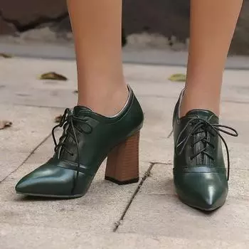 Модные винтажные туфли на высоком каблуке, туфли-лоферы, красные, черные, женские, на каблуке, со шнуровкой, для офиса, вечеринки, свадьбы, большой размер 50 34 чёрный