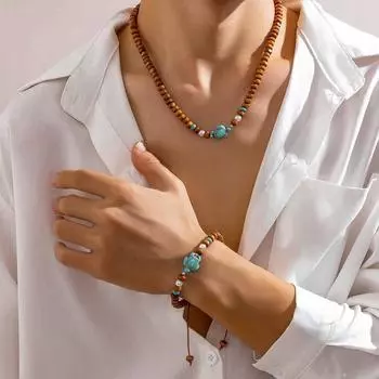 Модные винтажные ювелирные изделия, деревянные бусины, ожерелье, браслет, набор, милая черепаха, имитация звона, комплект украшений, ретро модные аксессуары для мужчин, 2 шт.