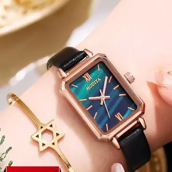 Модные винтажные зеленые часы, женские часы, оптовая продажа, квадратные кварцевые студенческие часы, золотой циферблат цвета шампанского и коричневый кожаный ремешок, часы белый