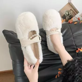 Модные винтажные женские теплые туфли на плоской подошве из меха Модные туфли Мэри Джейн с неглубоким каблуком Милые жемчужные туфли Мягкие удобные мокасины Женская обувь для бабушек 35