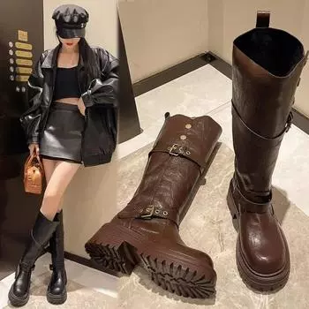 Модные винтажные зимние женские ковбойские сапоги в стиле вестерн, модные длинные сапоги с пряжкой на поясе, элегантные женские сапоги на толстом каблуке 35 чёрный