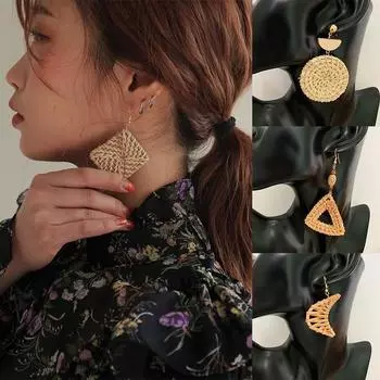 Модные висячие серьги-гвоздики, ювелирные изделия, геометрические плетеные соломенные серьги из ротанга для женщин, подарок для ушей, деревянные