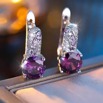 Модные висячие серьги круглой огранки с фиолетовым цирконием для женщин, темпераментные серебряные серьги-кольца Свадебная вечеринка, подарок на годовщину серебряный/фиолетовый